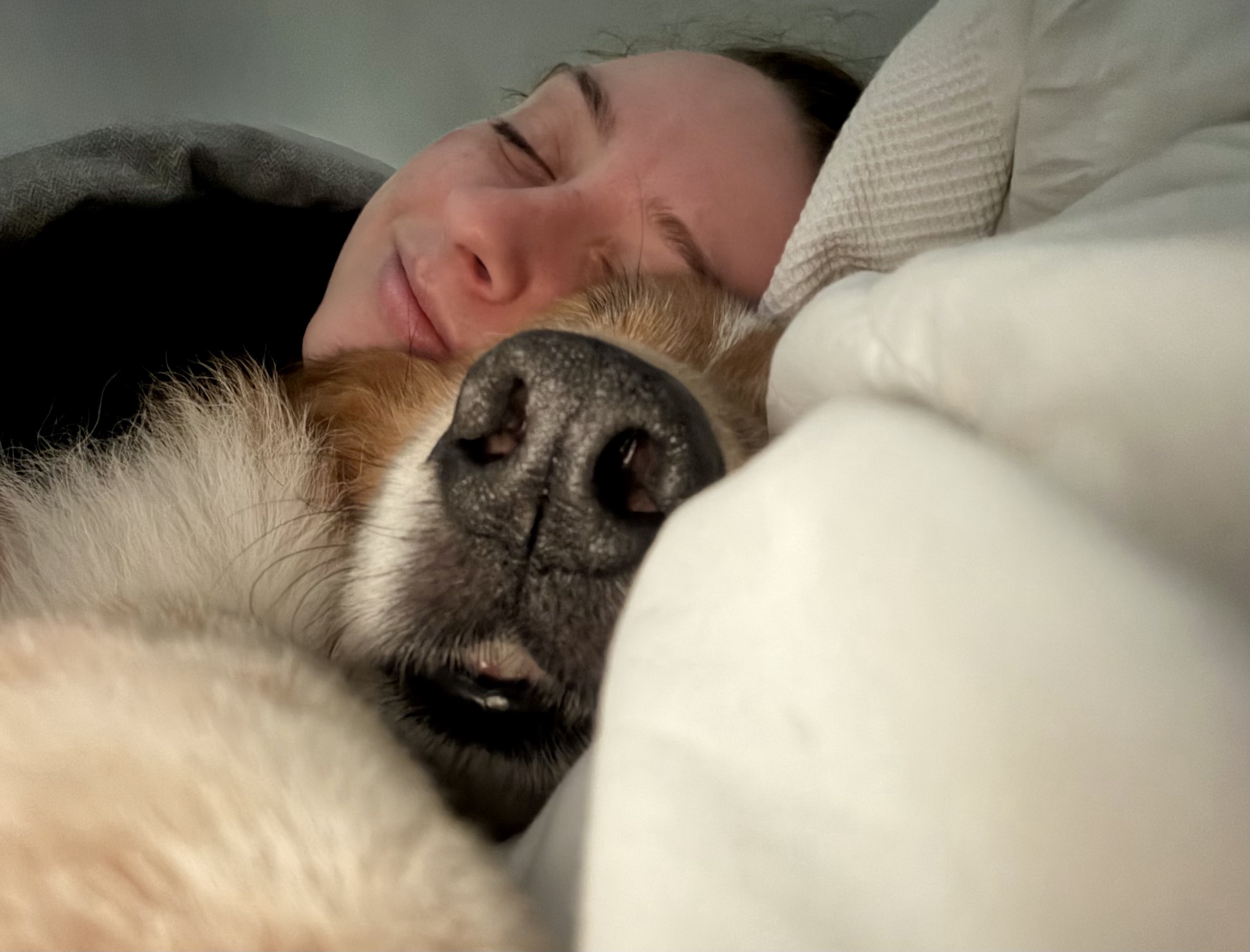 Ash and her dog asleep together, noses touching